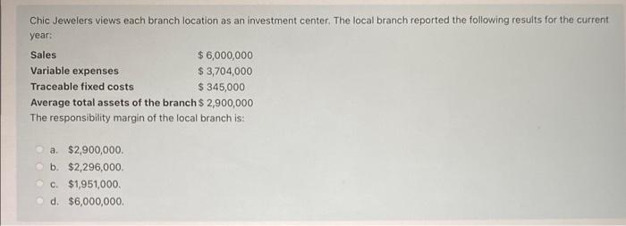 Chic Jewelers Views Each Branch Location As An Investment Center The Local Branch Reported The Following Results For Th 1