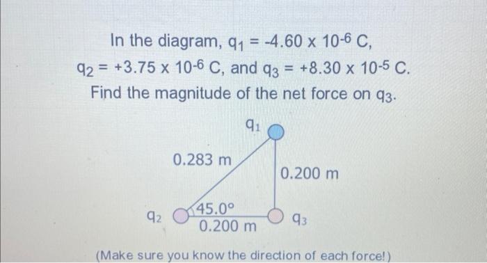 In The Diagram Q 4 60 X 10 6 C Q2 3 75 X 10 6 C And Q3 8 30 X 10 5 C Find The Magnitude Of The Net Force 1