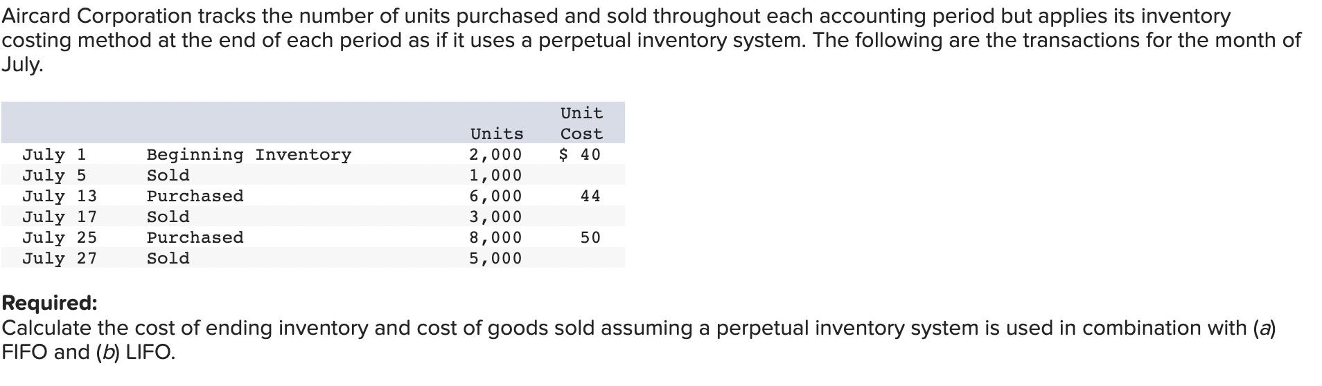 Aircard Corporation Tracks The Number Of Units Purchased And Sold Throughout Each Accounting Period But Applies Its Inve 1