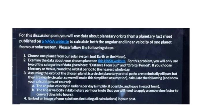 For This Discussion Post You Will Use Data About Planetary Orbits From A Planetary Fact Sheet Published On A Nasa Websi 1