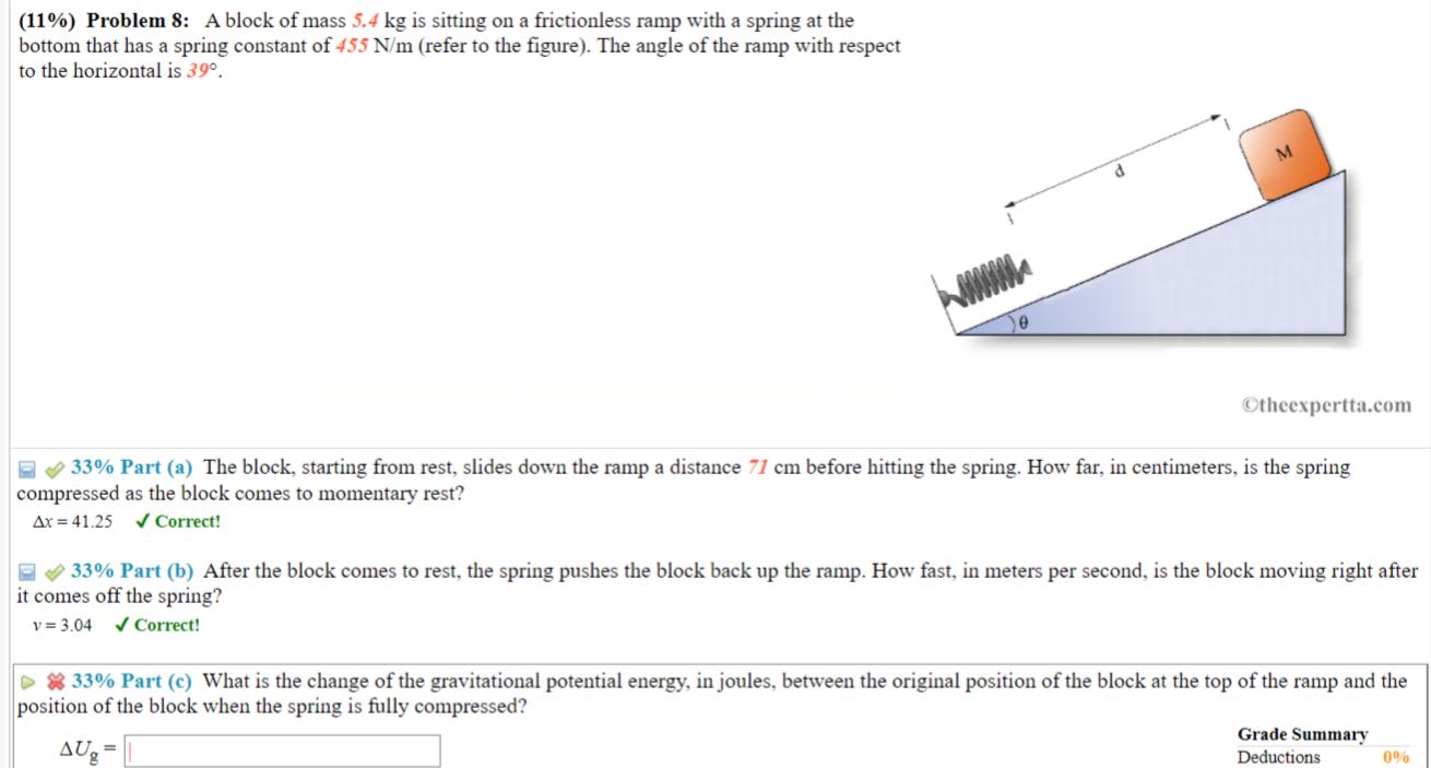 11 Problem 8 A Block Of Mass 5 4 Kg Is Sitting On A Frictionless Ramp With A Spring At The Bottom That Has A Spring 1