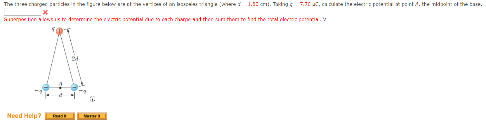 The Three Charged Particles In The Figure Below Are At The Vertices Of An Isosceles Triangle Where D 1 80 Cm Taking 1