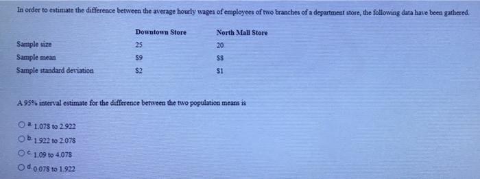 In Order To Estimate The Difference Between The Average Hourly Wages Of Employees Of Two Branches Of A Department Store 1
