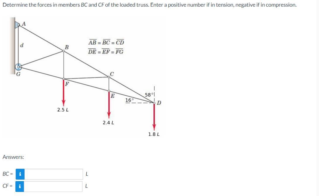 Determine The Forces In Members Bc And Cf Of The Loaded Truss Enter A Positive Number If In Tension Negative If In Com 1