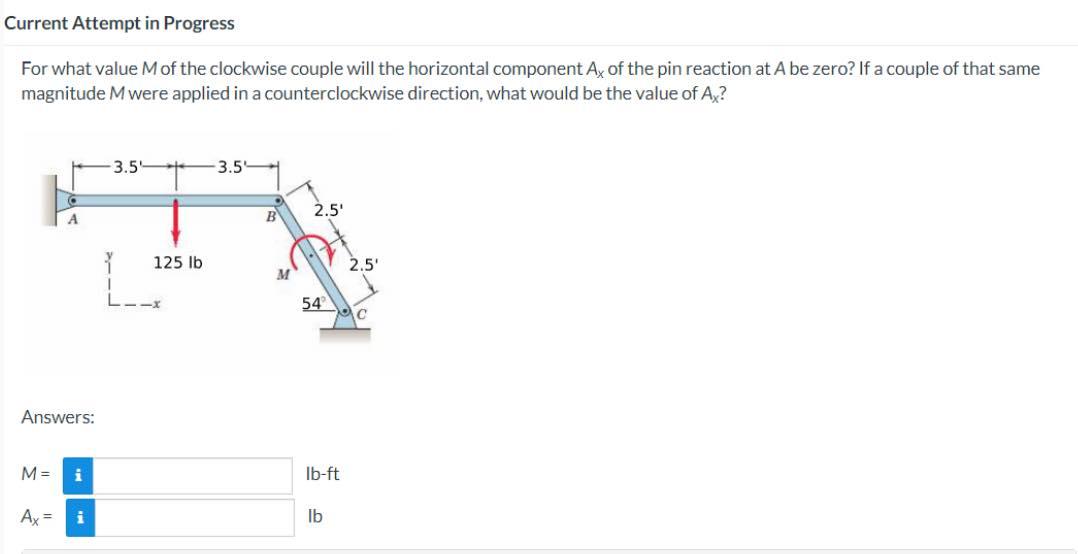 Current Attempt In Progress For What Value M Of The Clockwise Couple Will The Horizontal Component Ax Of The Pin Reactio 1