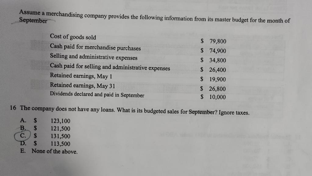 Assume A Merchandising Company Provides The Following Information From Its Master Budget For The Month Of September Cost 1