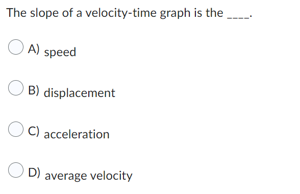 The Slope Of A Velocity Time Graph Is The A Speed B Displacement C Acceleration Od Average Velocity 1