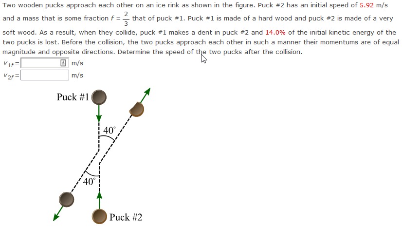 Two Wooden Pucks Approach Each Other On An Ice Rink As Shown In The Figure Puck 2 Has An Initial Speed Of 5 92 M S And 1