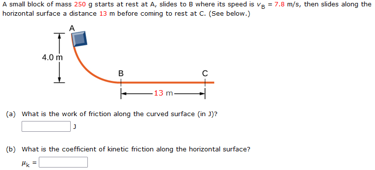 A Small Block Of Mass 250 G Starts At Rest At A Slides To B Where Its Speed Is Vb 7 8 M S Then Slides Along The Hori 1