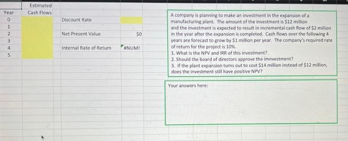 Estimated Cash Flows Year 0 Discount Rate 2 Net Present Value 0 Wn 3 4 5 Internal Rate Of Return Num A Company Is Pla 1
