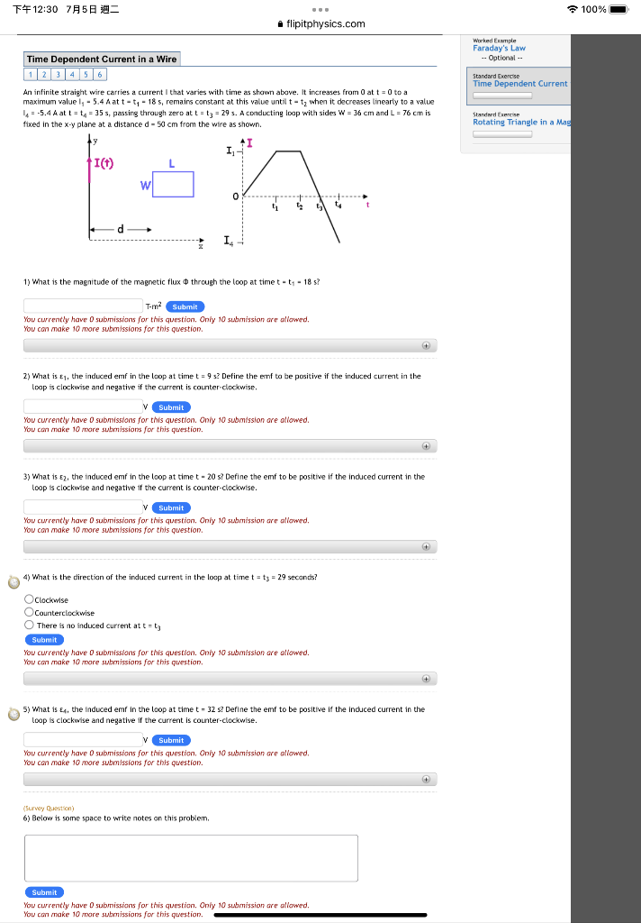 T12 30 758 Time Dependent Current In A Wire 123456 An Infinite Straight Wire Carries A Current I That Varies With Time A 1