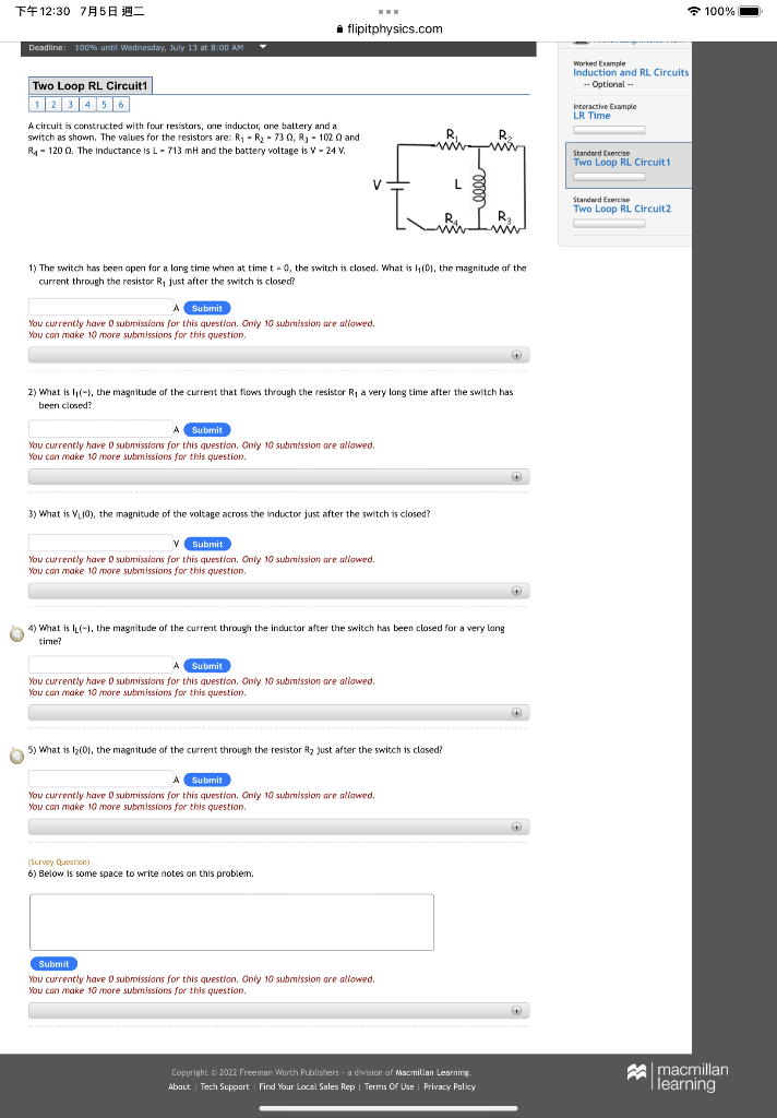 T12 30 758 Deadline 100 Until Wednesday July 13 At 8 00 Am Two Loop Rl Circuit1 Flipitphysics Com A Circuit Is Constr 1