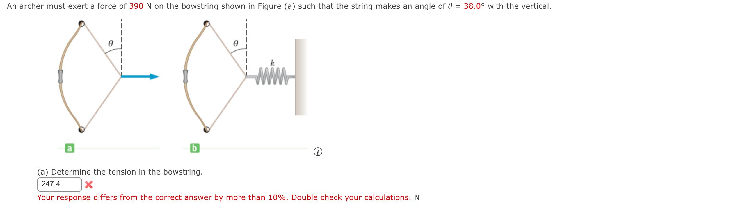 An Archer Must Exert A Force Of 390 N On The Bowstring Shown In Figure A Such That The String Makes An Angle Of 0 38 1