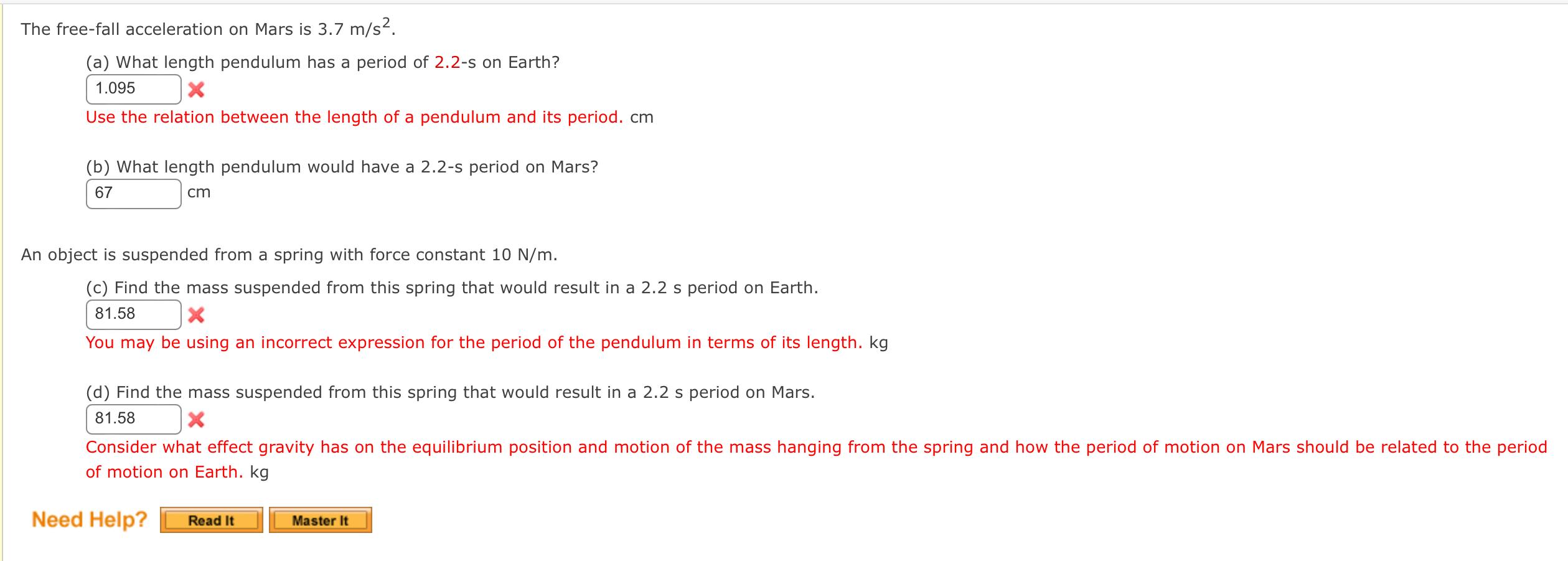 The Free Fall Acceleration On Mars Is 3 7 M S A What Length Pendulum Has A Period Of 2 2 S On Earth 1 095 X Use The 1