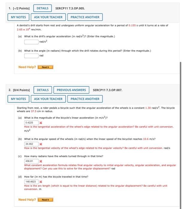 1 2 Points Details Sercp11 7 3 Op 005 Ask Your Teacher Practice Another A Dentist S Drill Starts From Rest And Und 1
