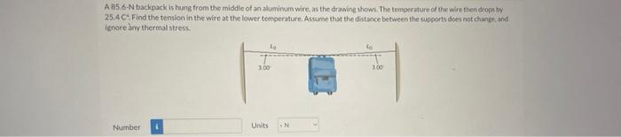 A 85 6 N Backpack Is Hung From The Middle Of An Aluminum Wire As The Drawing Shows The Temperature Of The Wire Then Dr 1