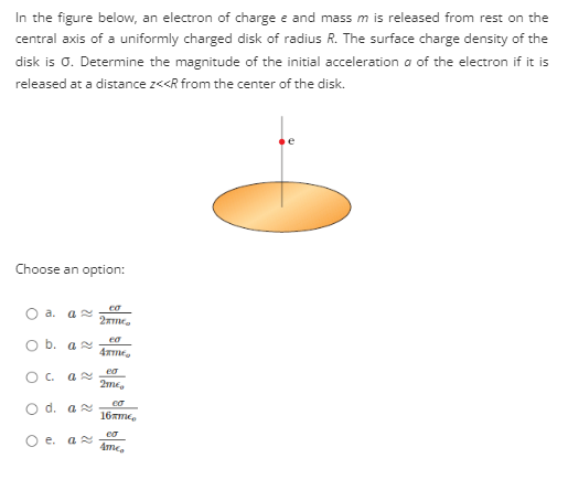 In The Figure Below An Electron Of Charge E And Mass M Is Released From Rest On The Central Axis Of A Uniformly Charged 1