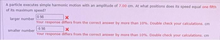 A Particle Executes Simple Harmonic Motion With An Amplitude Of 7 00 Cm At What Positions Does Its Speed Equal One Fift 1
