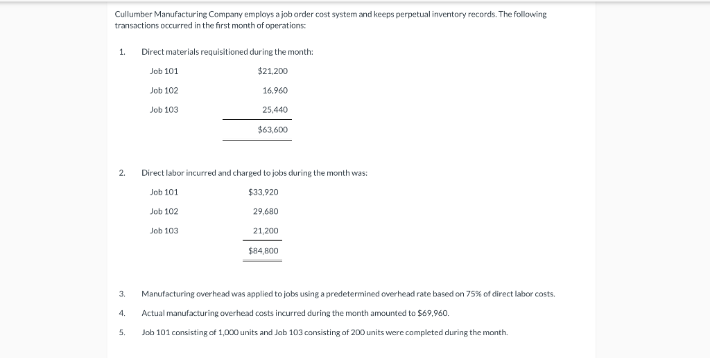 Cullumber Manufacturing Company Employs A Job Order Cost System And Keeps Perpetual Inventory Records The Following Tra 1