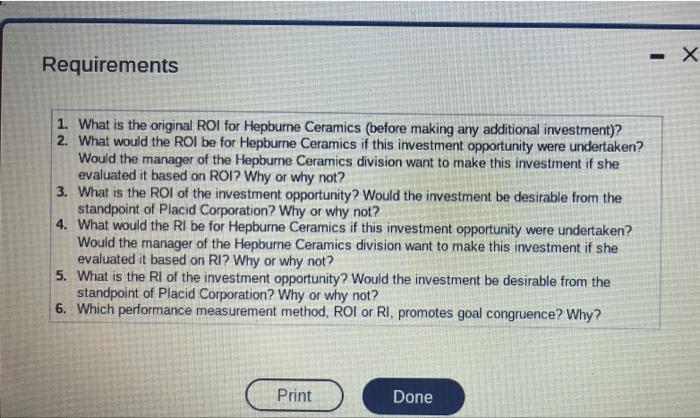 X Requirements 1 What Is The Original Roi For Hepburne Ceramics Before Making Any Additional Investment 2 What 1