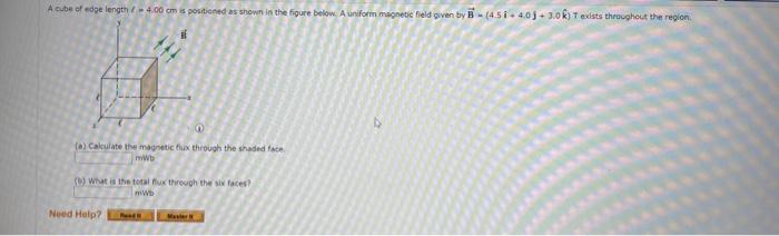 A Cube Of Edge Length 4 00 Cm Is Positioned As Shown In The Figure Below A Uniform Magnetic Field Given By B 4 5i 4 1