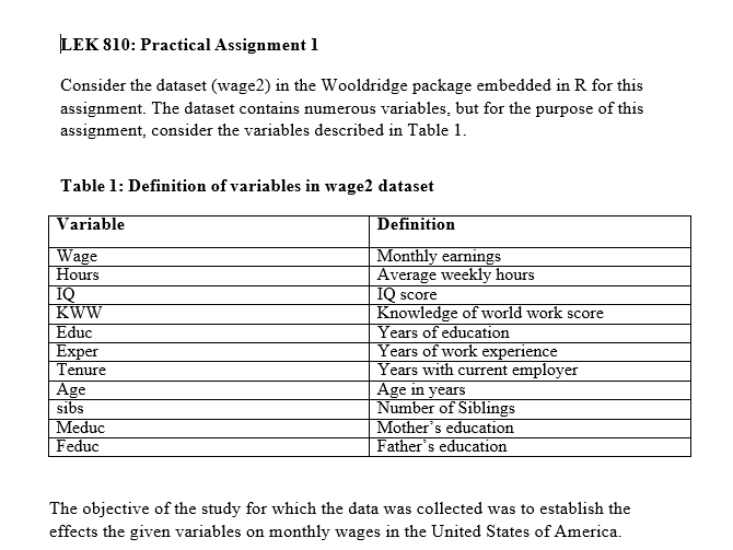 Lek 810 Practical Assignment 1 Consider The Dataset Wage2 In The Wooldridge Package Embedded In R For This Assignment 1