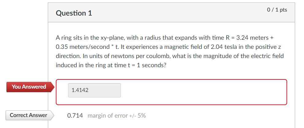 You Answered Correct Answer Question 1 A Ring Sits In The Xy Plane With A Radius That Expands With Time R 3 24 Meters 1