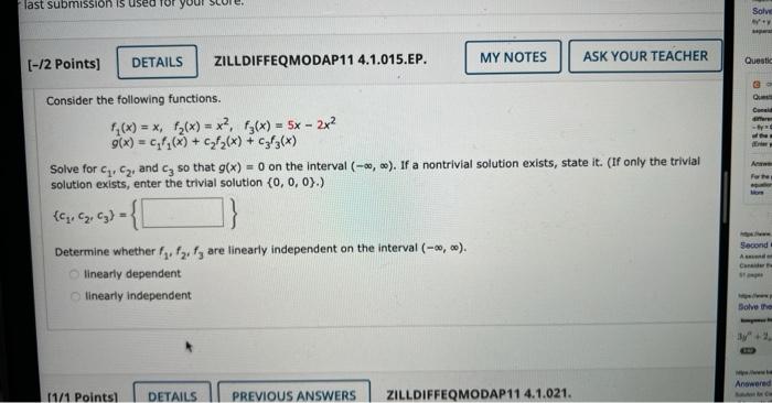 Last Submission Is Used For Your 2 Points Details Zilldiffeqmodap11 4 1 015 Ep Consider The Following Functions F 1