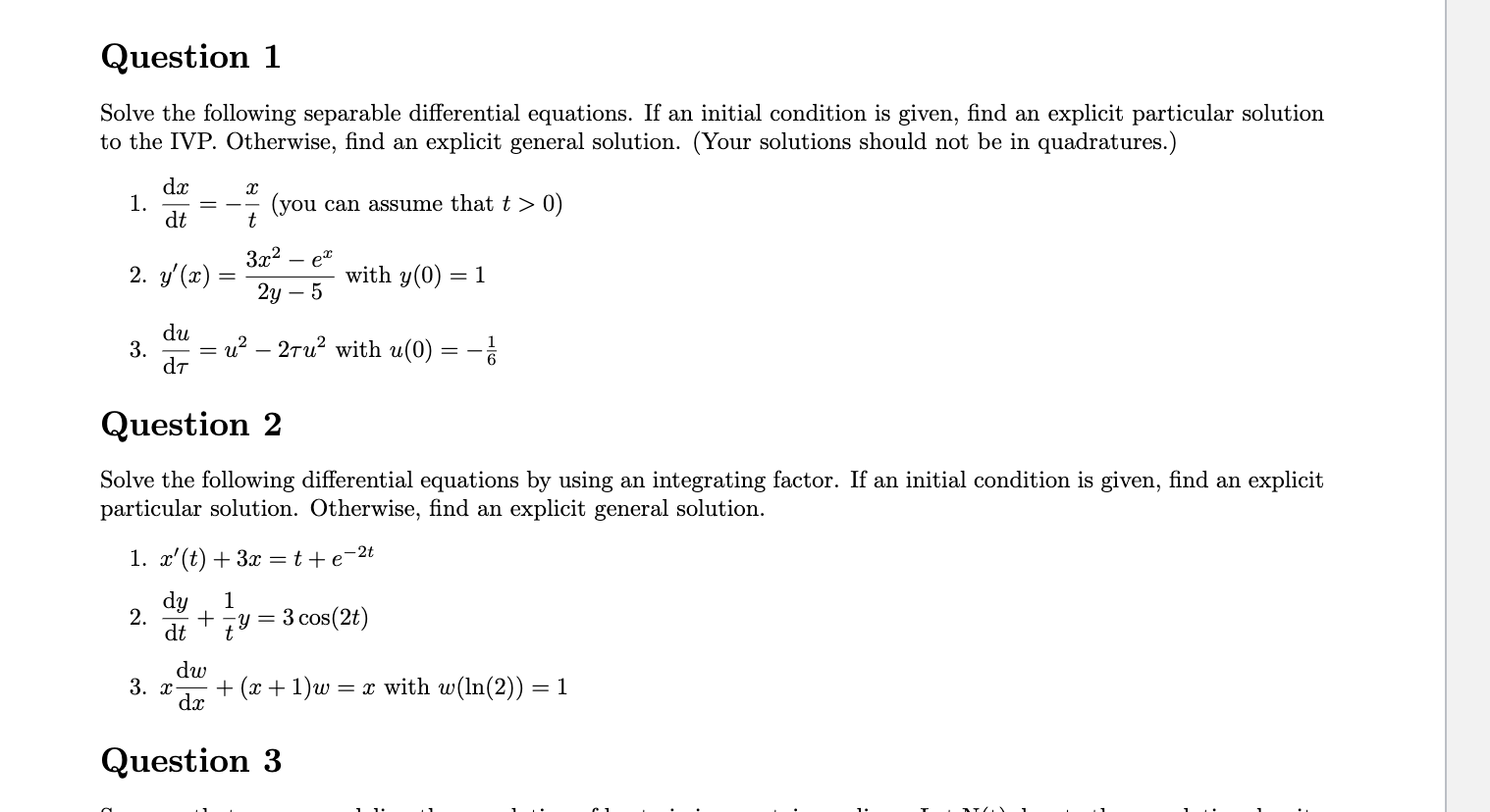 Question 1 Solve The Following Separable Differential Equations If An Initial Condition Is Given Find An Explicit Part 1