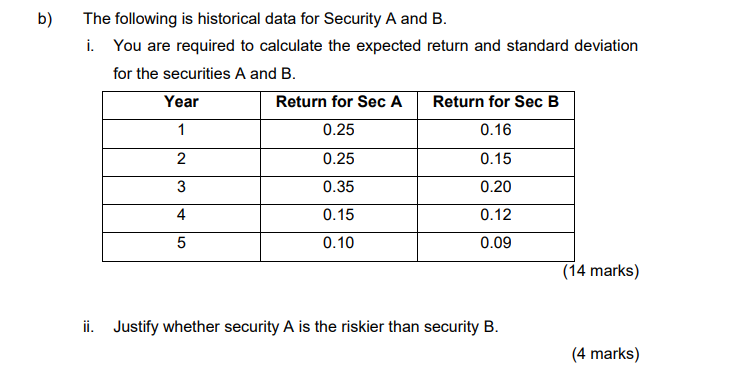 B The Following Is Historical Data For Security A And B I You Are Required To Calculate The Expected Return And Stand 1