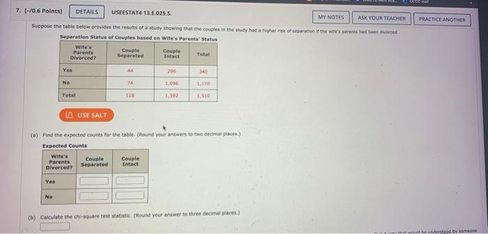 7 0 6 Points Details Useestat4 13 E 025 5 My Notes Ask Your Teacher Suppose The Table Below Provides The Results O 1