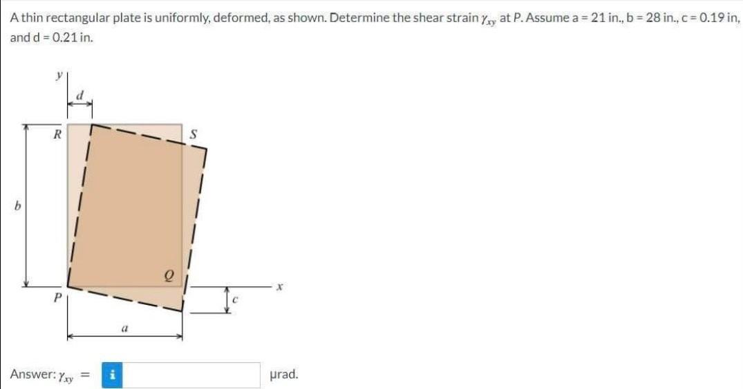 A Thin Rectangular Plate Is Uniformly Deformed As Shown Determine The Shear Strain Yy At P Assume A 21 In B 28 1