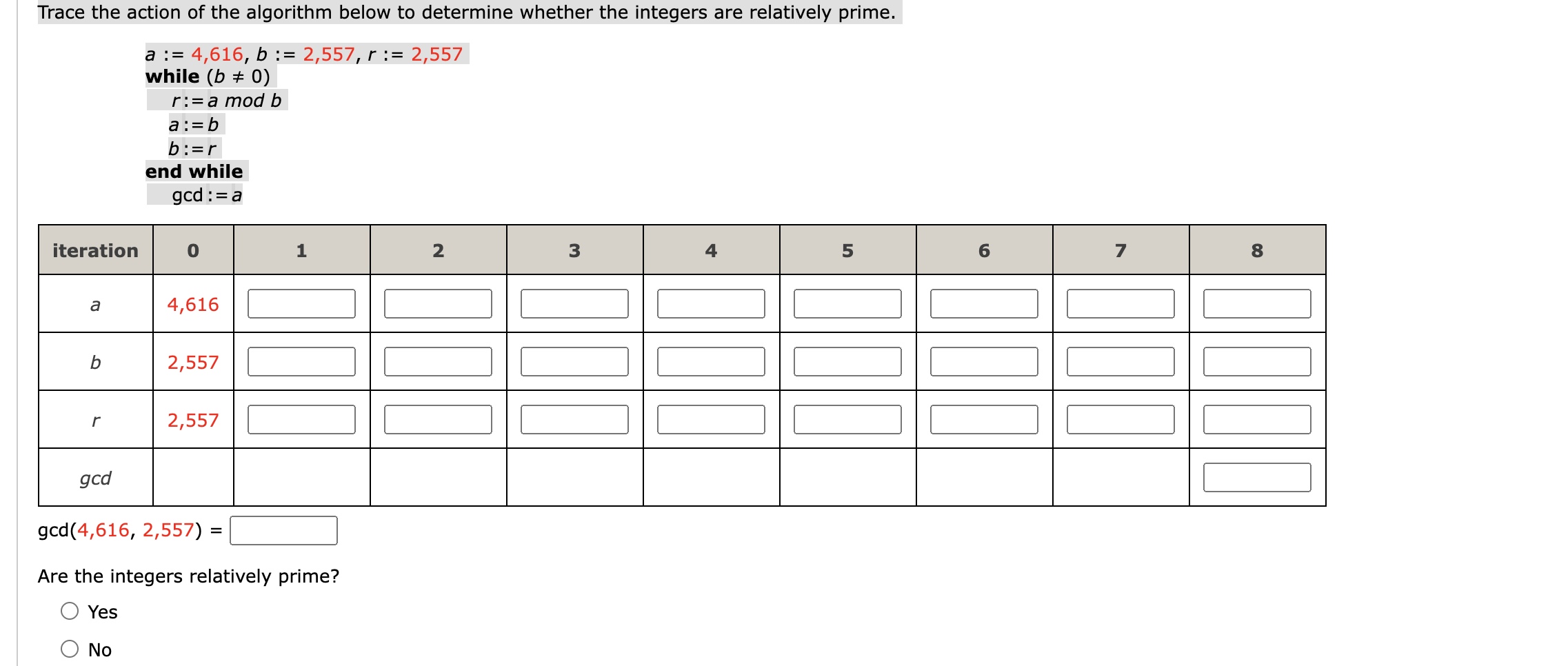 Trace The Action Of The Algorithm Below To Determine Whether The Integers Are Relatively Prime A 4 616 B 2 557 1