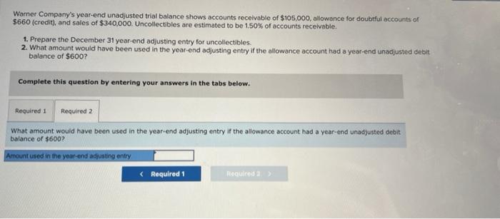 Warner Company S Year End Unadjusted Trial Balance Shows Accounts Receivable Of 105 000 Allowance For Doubtful Account 2