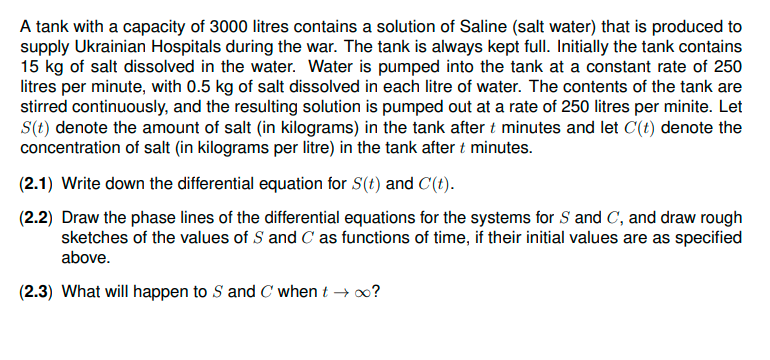 A Tank With A Capacity Of 3000 Litres Contains A Solution Of Saline Salt Water That Is Produced To Supply Ukrainian Ho 1