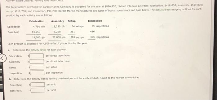 Activity Based Costing Facy Veread The Total Factory Overhead For Bardot Marine Company Is Budgeted For The Year At 826 1