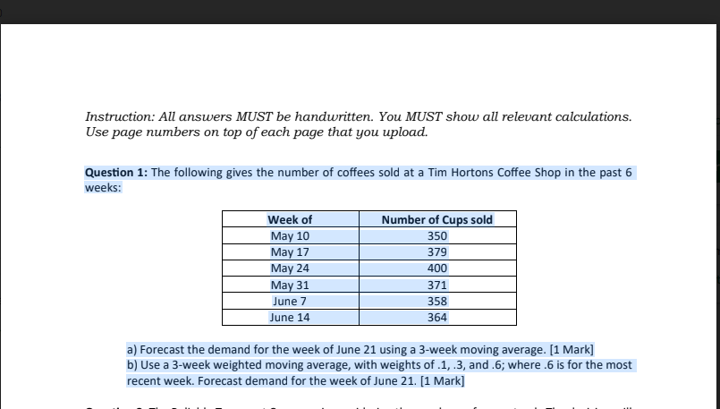 Instruction All Answers Must Be Handwritten You Must Show All Relevant Calculations Use Page Numbers On Top Of Each P 1