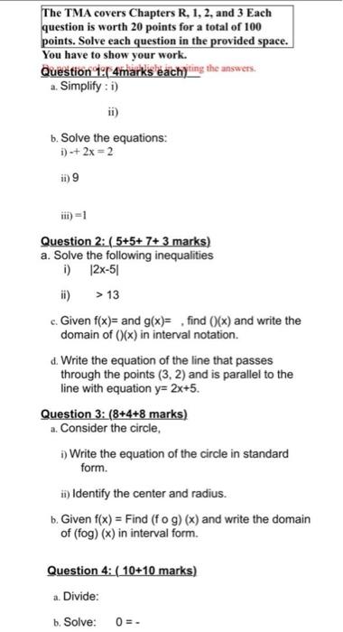 The Tma Covers Chapters R 1 2 And 3 Each Question Is Worth 20 Points For A Total Of 100 Points Solve Each Question I 1