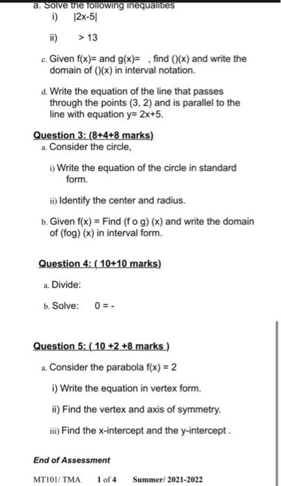 The Tma Covers Chapters R 1 2 And 3 Each Question Is Worth 20 Points For A Total Of 100 Points Solve Each Question I 3