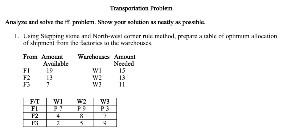 Transportation Problem Analyze And Solve The Ff Problem Show Your Solution As Neatly As Possible 1 Using Stepping St 1