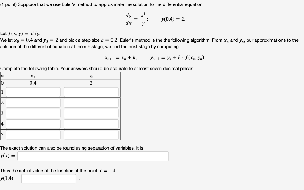 1 Point Suppose That We Use Euler S Method To Approximate The Solution To The Differential Equation Dy X Dx N 0 1 2 3 1