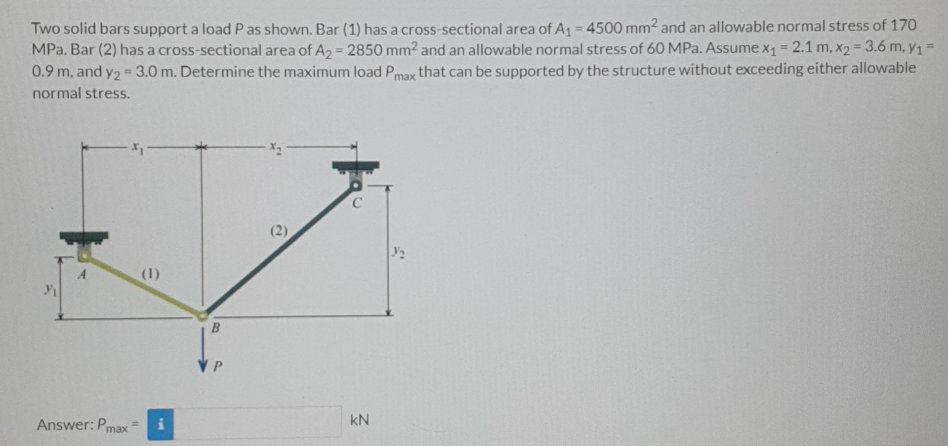 Two Solid Bars Support A Load P As Shown Bar 1 Has A Cross Sectional Area Of A 4500 Mm2 And An Allowable Normal St 1
