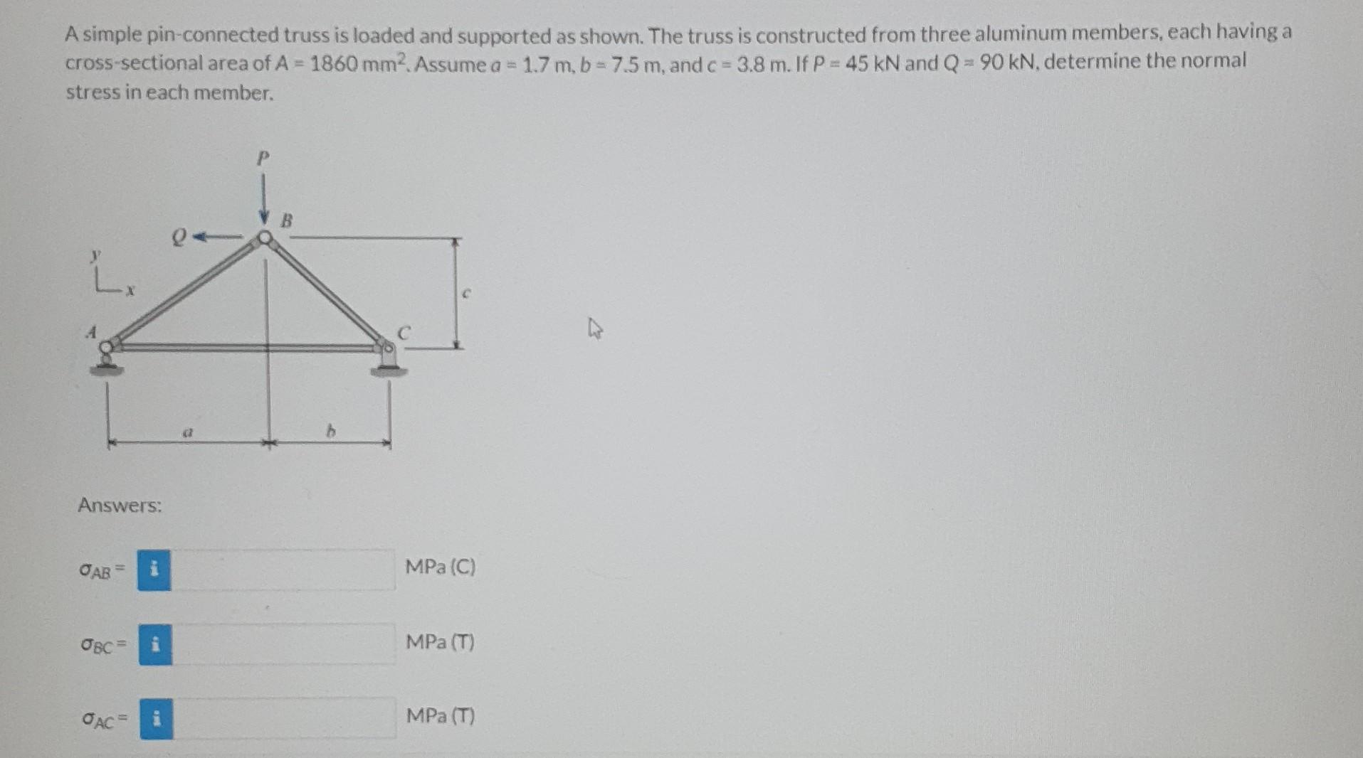 A Simple Pin Connected Truss Is Loaded And Supported As Shown The Truss Is Constructed From Three Aluminum Members Eac 1