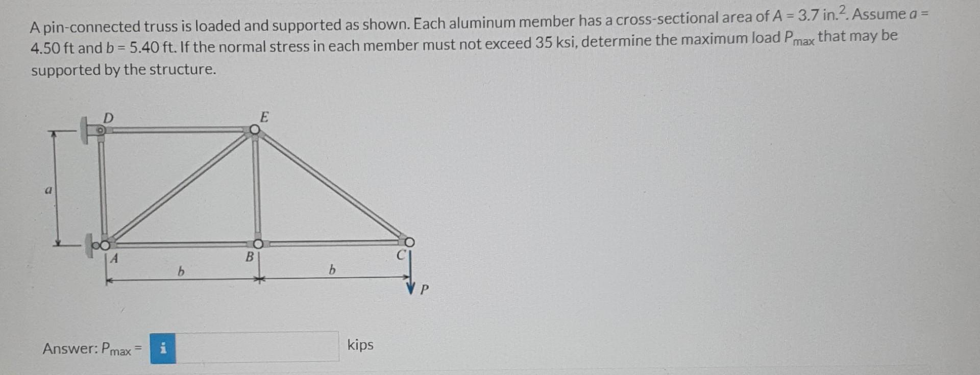 A Pin Connected Truss Is Loaded And Supported As Shown Each Aluminum Member Has A Cross Sectional Area Of A 3 7 In 1