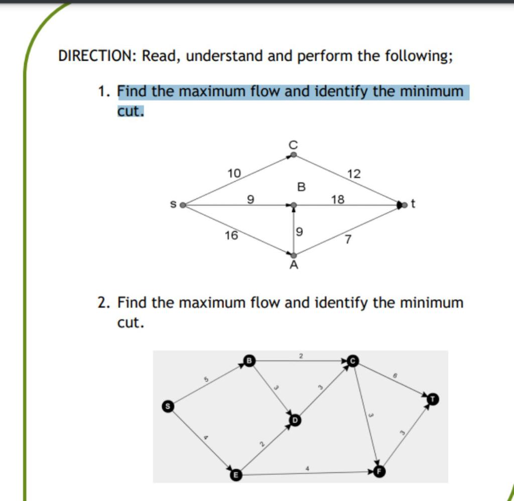 Direction Read Understand And Perform The Following 1 Find The Maximum Flow And Identify The Minimum Cut So 10 16 9 1