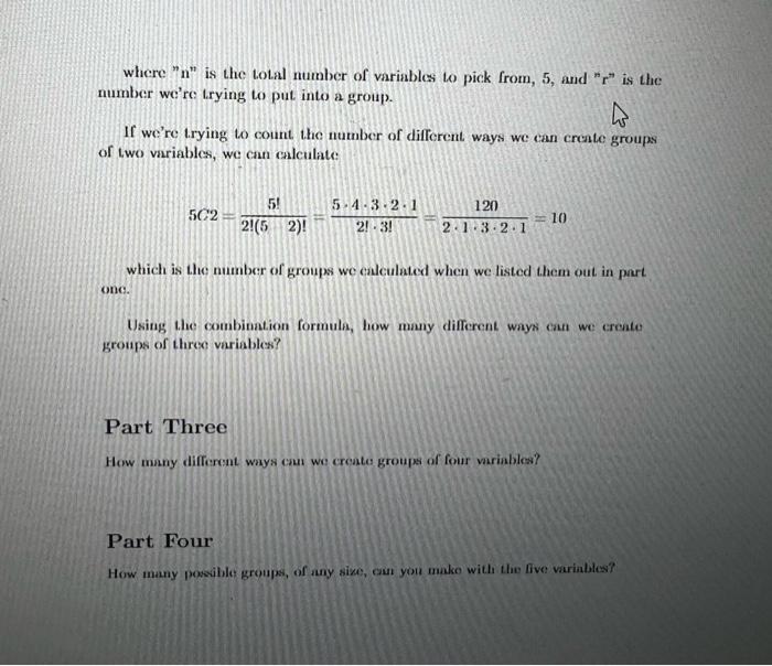 Introduction Part One You Have Five Different Variables 1 12 13 14 S You Want To Make Every Possible Grouping Of T 2