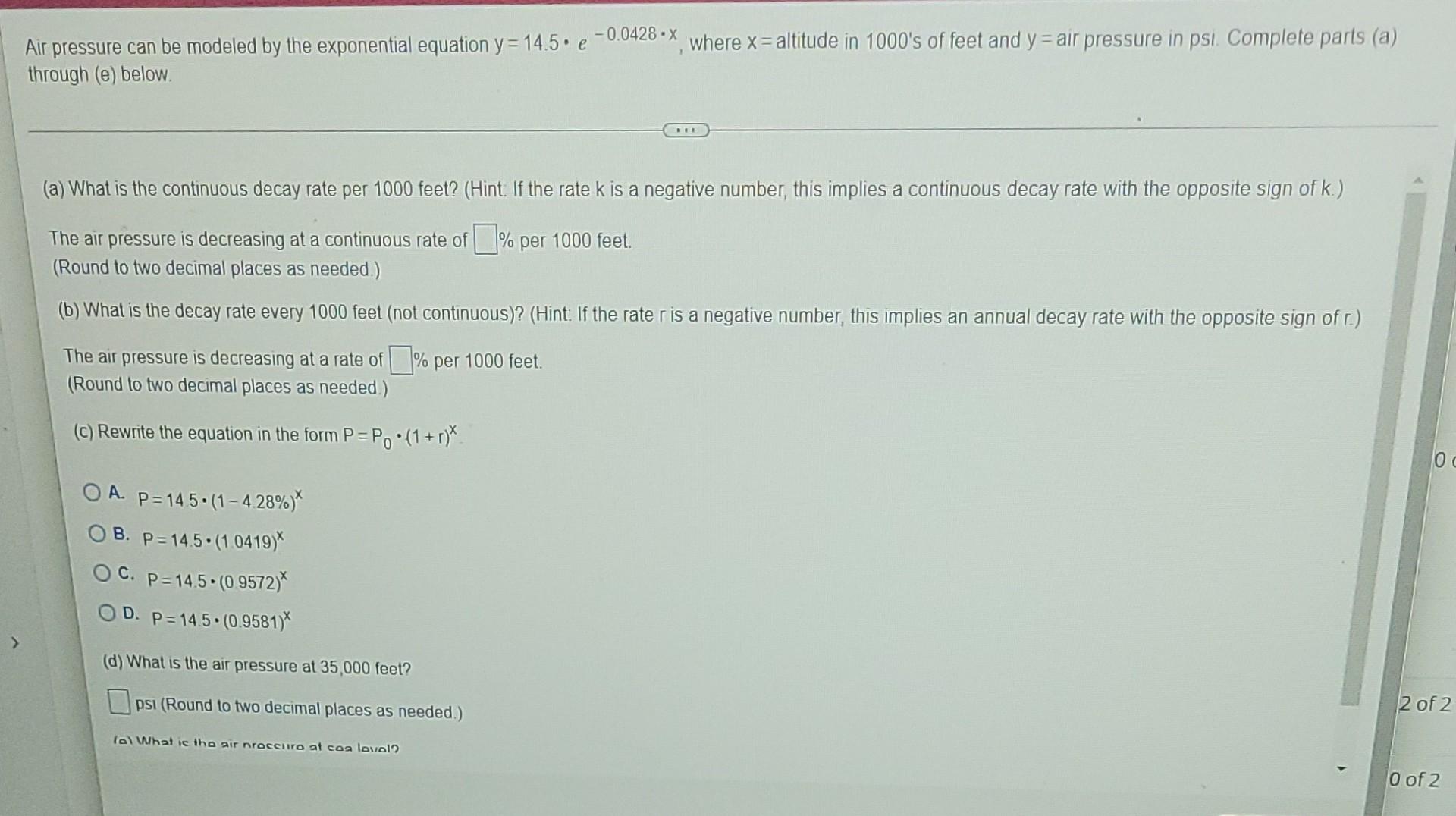 Air Pressure Can Be Modeled By The Exponential Equation Y 14 5 E 0 0428 X Where X Altitude In 1000 S Of Feet And 1