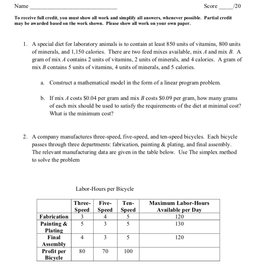 Name Score To Receive Full Credit You Must Show All Work And Simplify All Answers Whenever Possible Partial Credit Ma 1