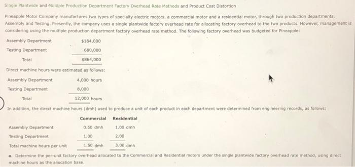 Single Plantwide And Multiple Production Department Factory Overhead Rate Methods And Product Cost Distortion Pineapple 1