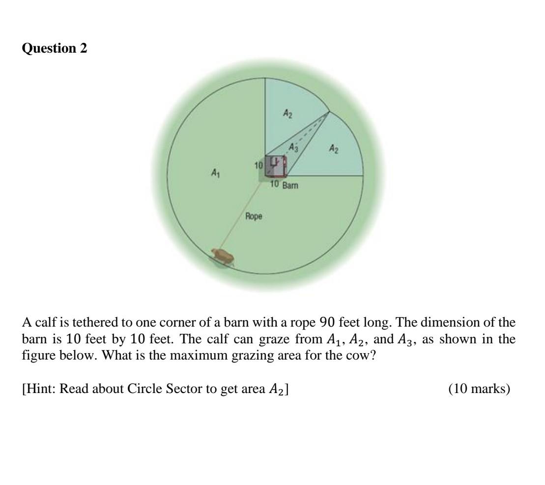 Question 2 A 10 Rope A2 A3 10 Barn A A Calf Is Tethered To One Corner Of A Barn With A Rope 90 Feet Long The Dimensio 1